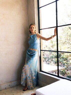 ISO Christopher Esber Exclusive Draped Burnout Maxi Skirt in Blue XS
